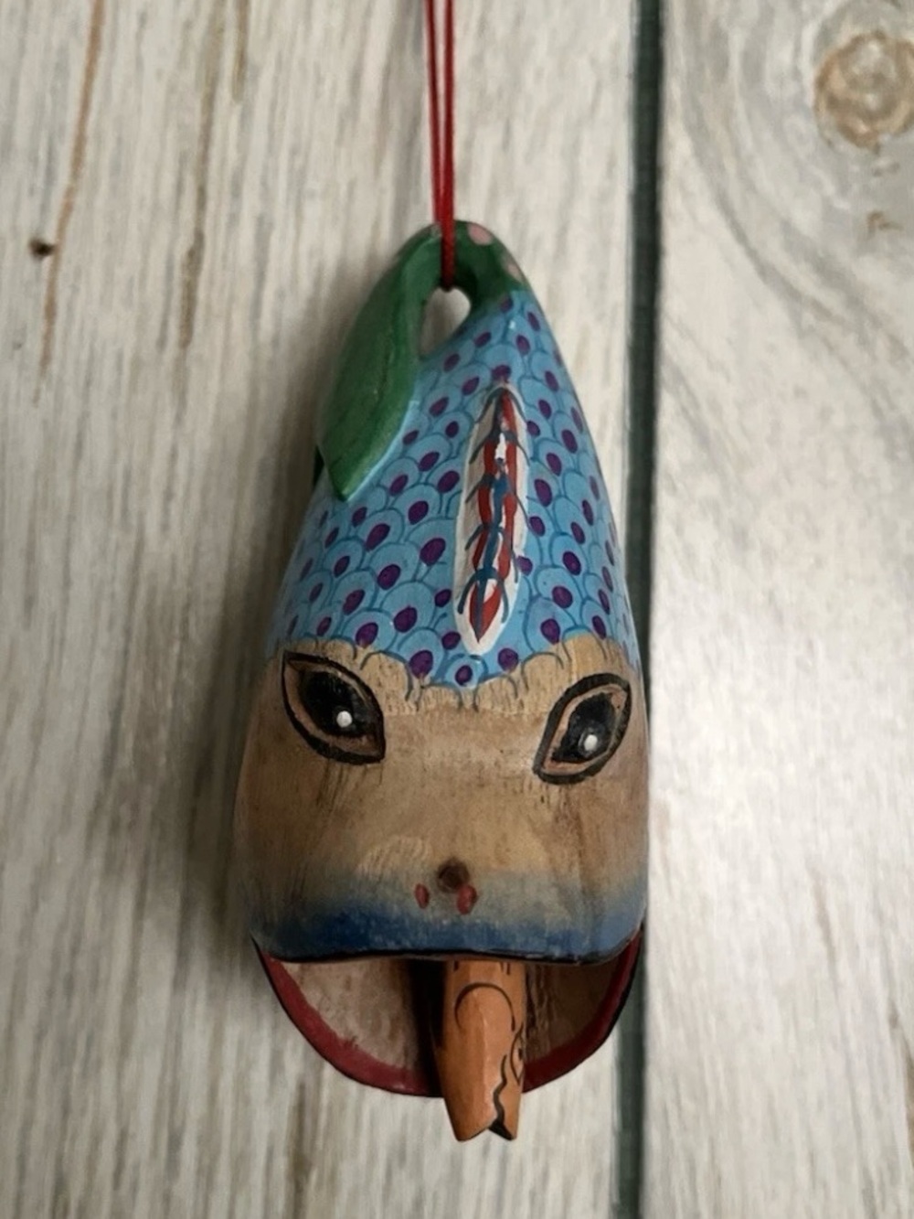 Mexican Folk Art Hand Carved  Wooden Fish With Cork In Mouth Ornament